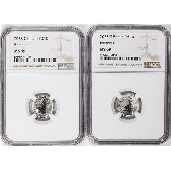 Lot of (2) 2022 Great Britain 10 Pounds Britannia 1/10oz Platinum Coins NGC MS69