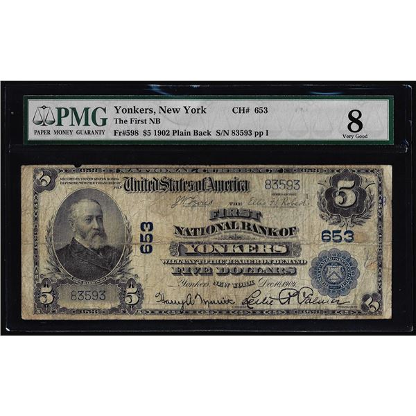 1902PB $5 First NB of Yonkers, NY National Currency Note CH# 653 PMG Very Good 8