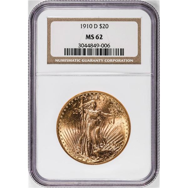 1910-D $20 St Gaudens Double Eagle Gold Coin NGC MS62