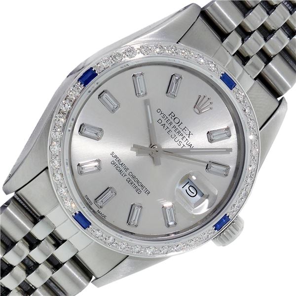 Rolex Men's Stainless Steel Silver Baguette And Sapphire Datejust Wristwatch