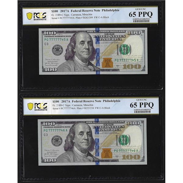 (2) Consec. 2017A $100 Federal Reserve Bank Notes PCGS Gem Unc. 65PPQ Fancy Serial