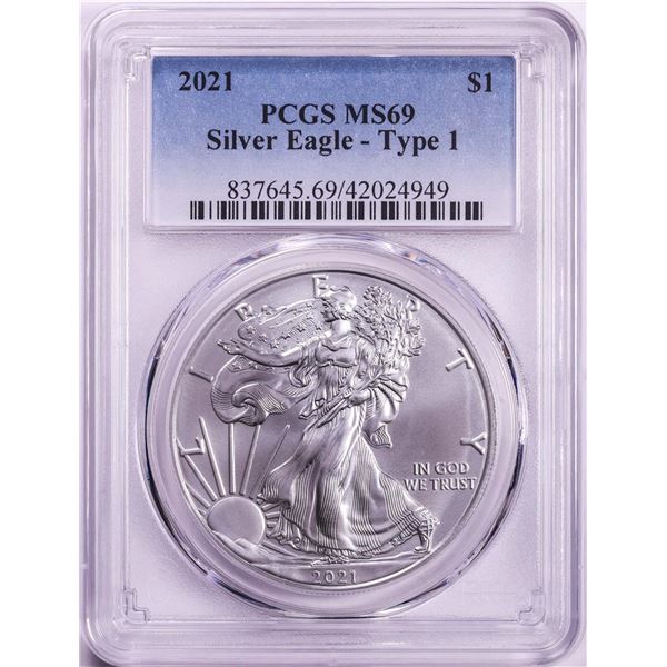 2021 Type 1 $1 American Silver Eagle Coin PCGS MS69