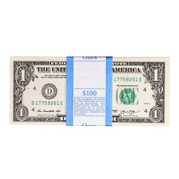 Pack of (100) Uncirculated Consecutive 2013 $1 Federal Reserve Notes Cleveland