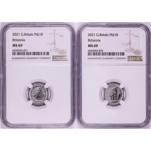 Lot of (2) 2021 Great Britain 10 Pounds Britannia 1/10oz Platinum Coins NGC MS69