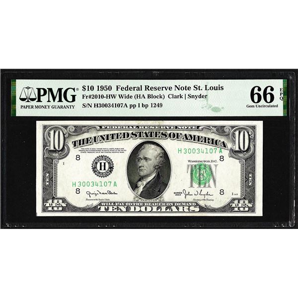1950 $10 Federal Reserve Note St. Louis Fr.2010-HW Wide PMG Gem Uncirculated 66EPQ