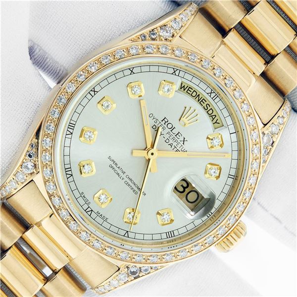 Rolex Men's 18K Yellow Gold Diamond Day Date President Watch With Rolex Box