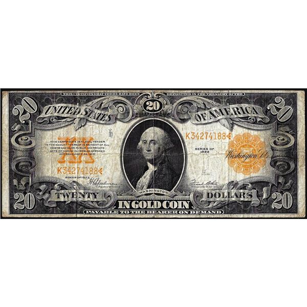 1922 $20 Gold Certificate Note