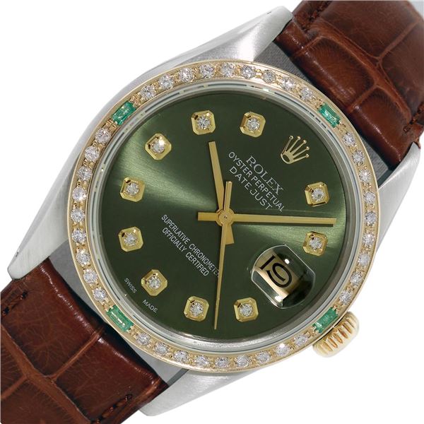 Rolex Men's Two Tone Olive Green Diamond Oyster Perpetual Wristwatch with Leather Band