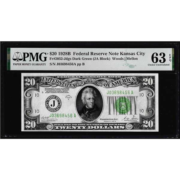 1928B $20 Federal Reserve Note Kansas City Fr.2052-J PMG Choice Uncirculated 63EPQ