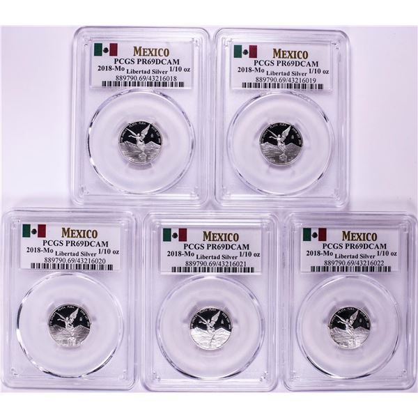 Lot of (5) 2018-Mo Mexico Proof 1/10 oz Silver Libertad Coin PCGS PR69DCAM