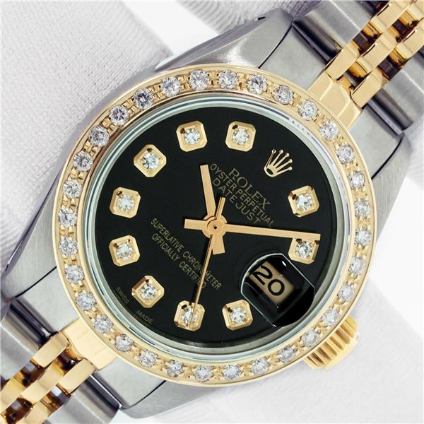 Rolex Ladies Two Tone Black Diamond Datejust Wristwatch