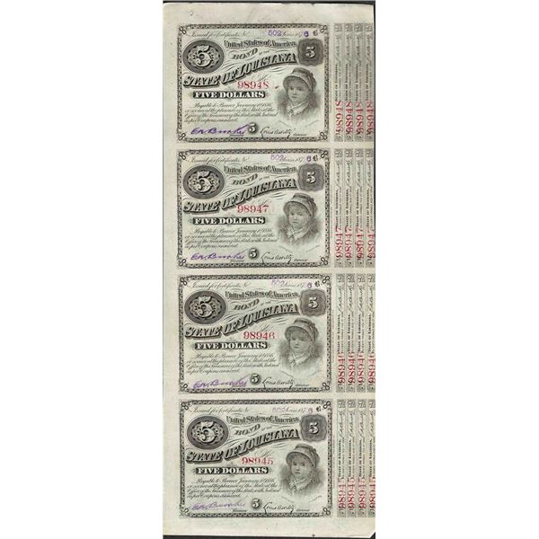 Uncut Sheet of (4) State of Louisiana Baby Bond Obsolete Notes