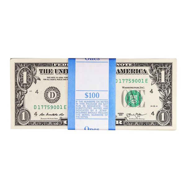 Pack of (100) Uncirculated Consecutive 2013 $1 Federal Reserve Notes Cleveland