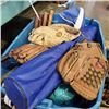 Image 2 : TOTE AND BOX OF SPORTS EQUIPMENT, BASEBALL BATS, GLOVES, SOCCER BALL, RACKETS