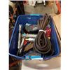 Image 2 : BOX AND TOTE OF AIRHOSE, ROPE WORK GLOVES, TRAILER 7 PIN EXTENTION AND MORE