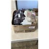 Image 1 : BOX OF QUILTING FABRIC WITH JEWELRY AND MICKEY MOUSE WATCH