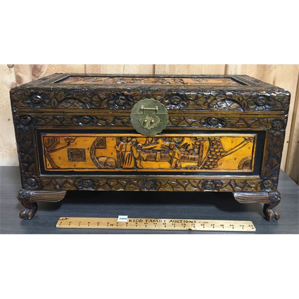 CARVED WOODEN BOX W/ CLAW FEET - 13 x 14.5 x 27in