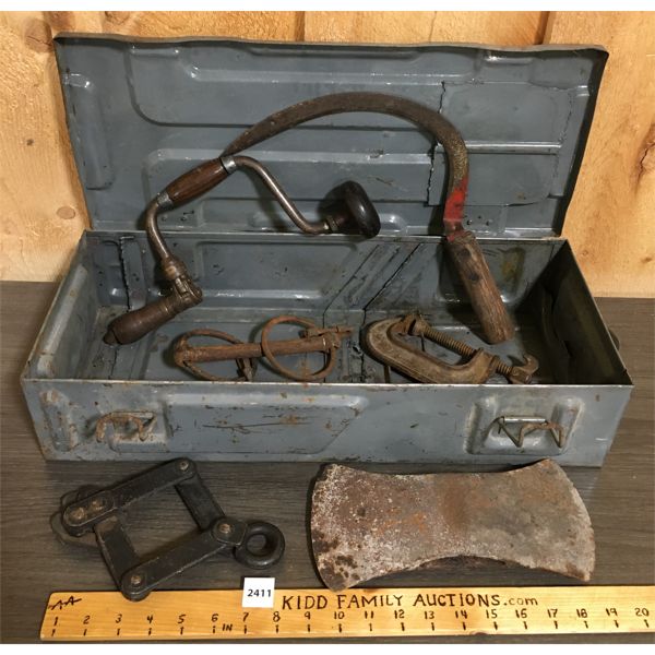 METAL MILITARY BOX DATED 1945 W/ MISC ANTIQUE TOOLS AND AXE HEAD