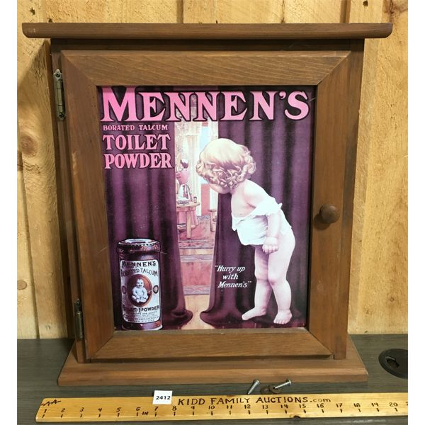 MENNEN's TOILET POWDER COUNTERTOP WOOD CABINET - 5  x 18 x 21in