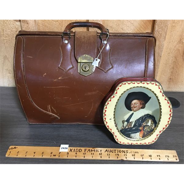 LOT OF 2 - VINTAGE LEATHER CARRYING CASE AND BISCUIT TIN