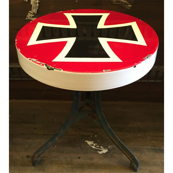 ENAMEL TOP IRON CROSS TABLE W/ METAL BASE