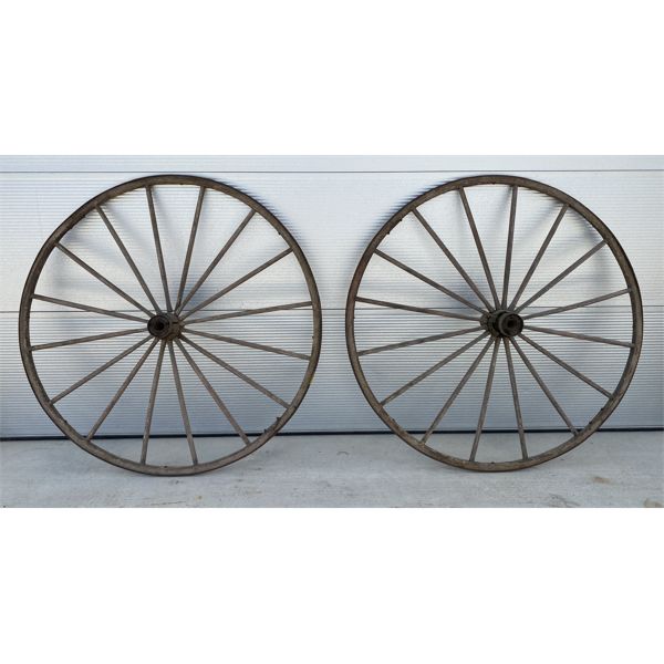 LOT OF 2 - WOODEN SPOKED WAGON WHEELS W/ CENTER HUB - APPROX 4 FOOT