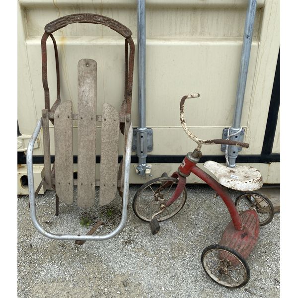LOT OF 2 - VINTAGE CHILDS SLED & TRICYCLE