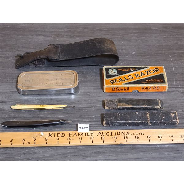 LOT OF 4 - VINTAGE STRAIGHT RAZORS AND STROP