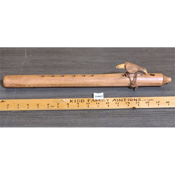 SIGNED HAND CARVED WOODEN FLUTE W/ EAGLE ORNAMENT