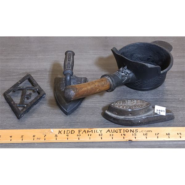 LOT OF 4 - ANTIQUE LADDLE, IRONS, AND TRIVET 