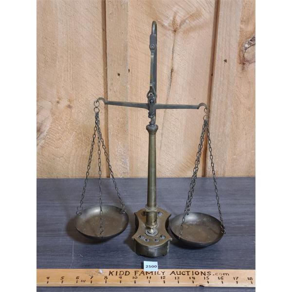 BRASS BALANCE SCALE W/ WEIGHTS - 17in TALL