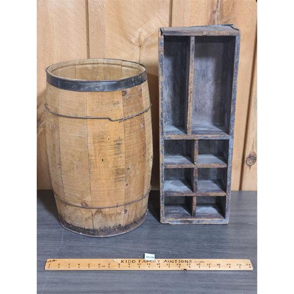 LOT OF 2 - WOODEN NAIL KEG AND PRIMITIVE DIVIDED BOX