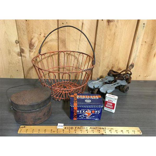 JOB LOT - EGG BASKET - ROLLER SKATES - TINS 