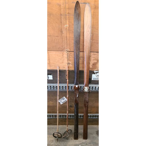 SET OF ANTIQUE SKIS AND POLES