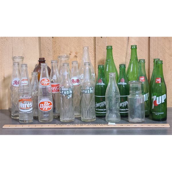 JOB LOT - MISC ANTIQUE GLASS SODA BOTTLES AND PEPSI COLA CRATE 