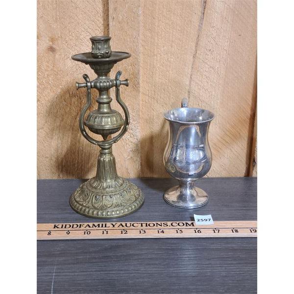 LOT OF 2 - MUG DATED 1856 AND BRASS CANDLESTICK