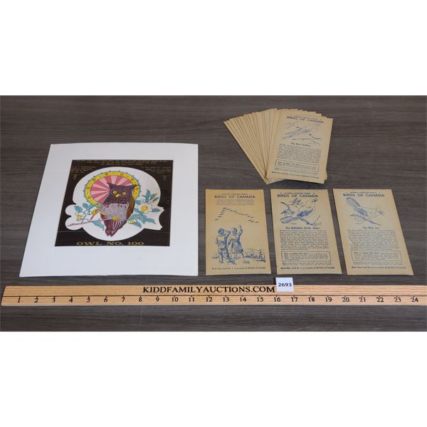 19th CENTURY OWL TEA AD AND QTY NABISC BIRDS OF CANADA CARDS