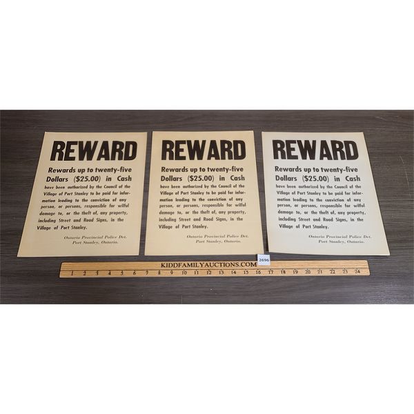 LOT OF 3 - PORT STANLEY REWARD SIGNS - 10 x 14in