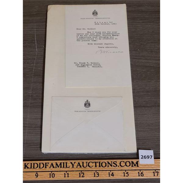 1963 PRIME MINISTER's LETTER W/ ENVELOPE