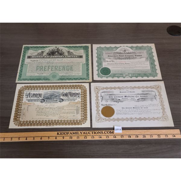 LOT OF 4 - STOCK CERTIFICATES - GOLD MINES AND CLEMENT MEDICINE CO