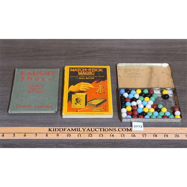 LOT OF 3 - MATCH STICK MAGIC, CAUGHT SHORT, AND TIN FULL OF VINTAGE MARBLES