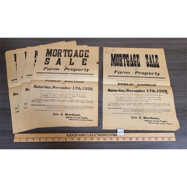 LOT OF 5 - 1928 FARM PROPERTY MORTGAGE SALE AUCTION POSTERS - 12 x 18in