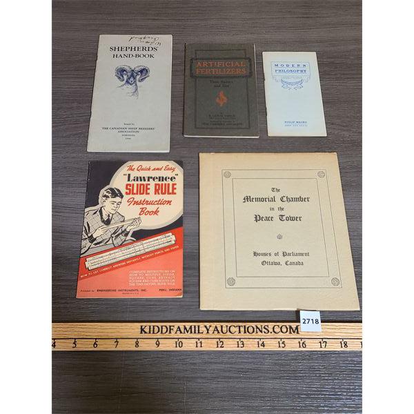 LOT OF 5 - MISC VINTAGE EPHEMERA - INCL MODERN PHILOSOPHY, SHEPHERD'S HANDBOOK ETC.