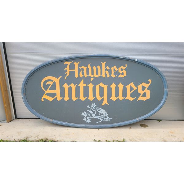 LARGE HAWKES ANTIQUES WOODEN SIGN - 50 x 98in