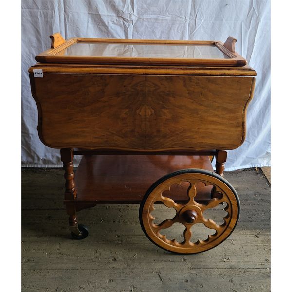 DROP LEAF ROLLING TEA CADDY W/ GLASS SERVING TRAY - 27 x 28 x 37in