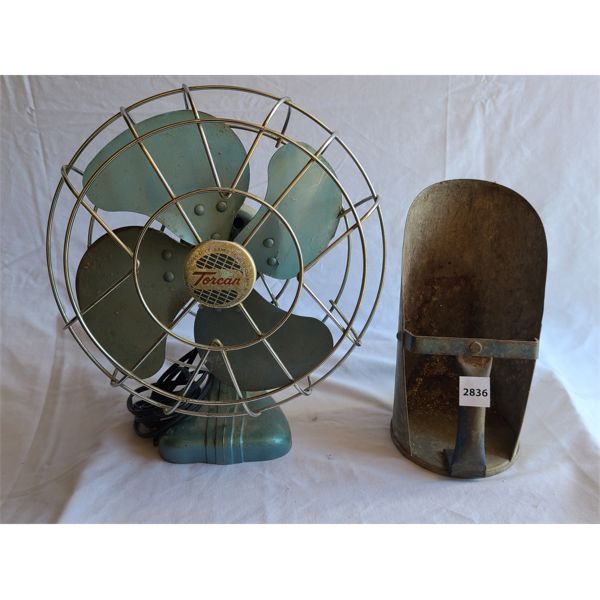 LOT OF 2 - TORCAN TABLETOP FAN AND GALVANIZED SCOOP
