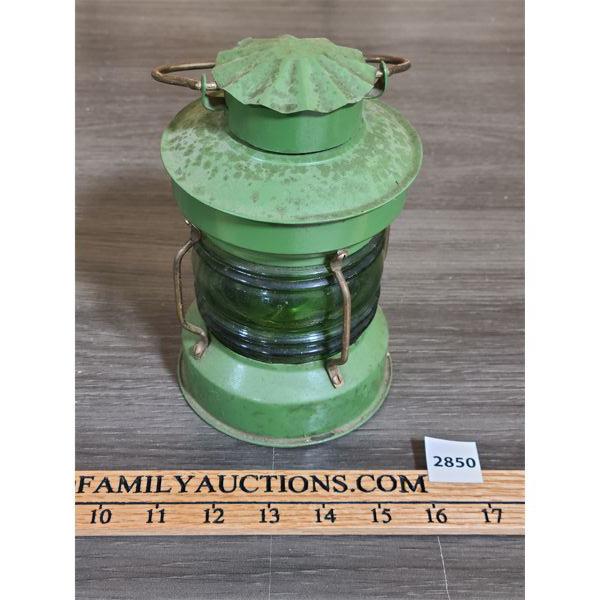 ANTIQUE RAILWAY LANTERN W/ GREEN GLASS - 7.5 in