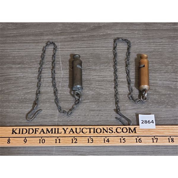 LOT OF 2 - STEEL / BRASS ARKAY WHISTLES WITH HOOK AND CHAIN