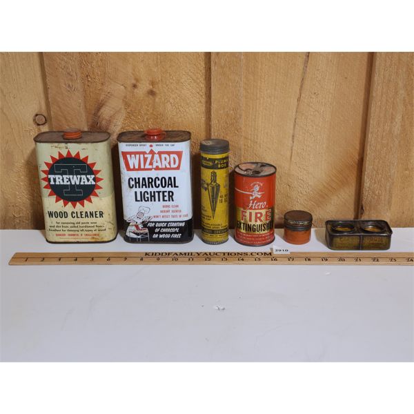 LOT OF 6 - ADVERTISING TINS - INCL GENERAL BRAND PLUMB BOB