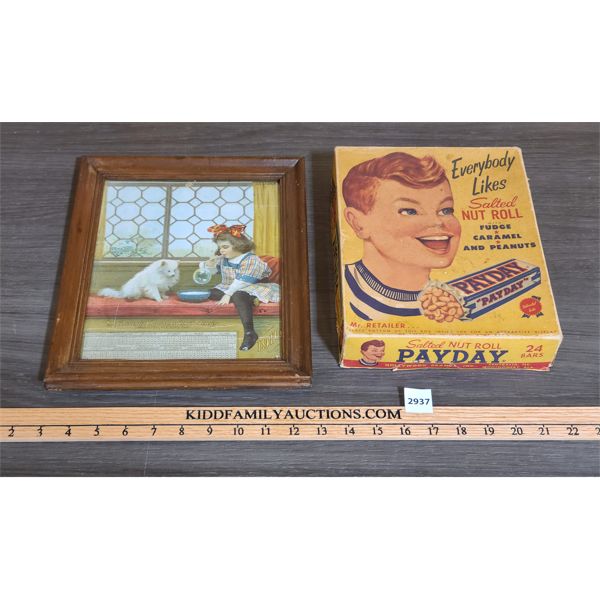 LOT OF 2 - FRAMED 1910 INSURANCE CALENDAR AND PAYDAY BOX